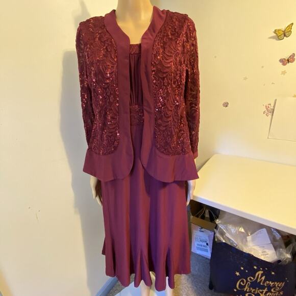 R&M Collection Dress w/Jacket Maroon Lace Sequins Career Formal Evening Sz 12 - Picture 9 of 11